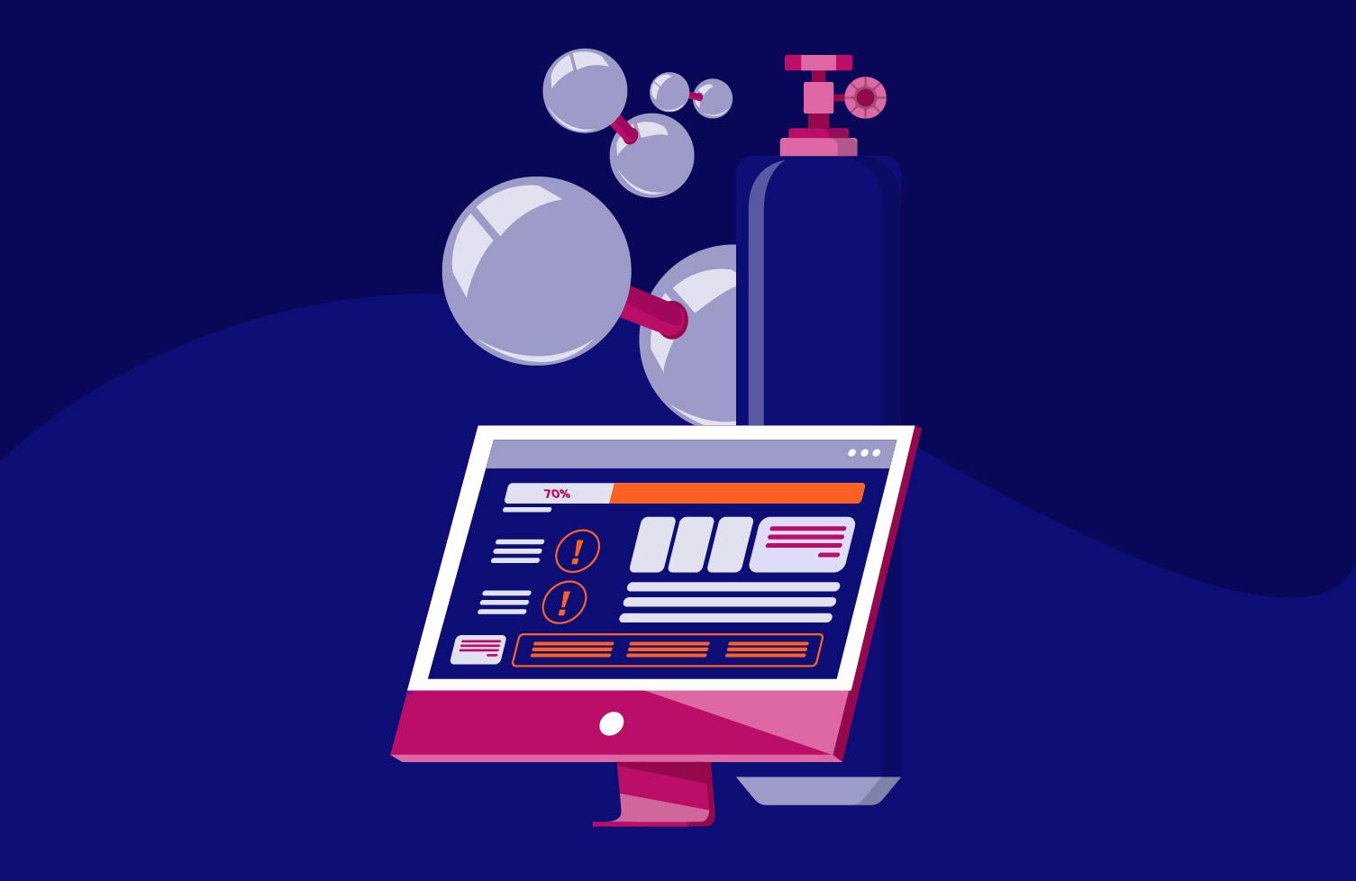 Ilustração de um monitor de computador mostrando um painel de dados com um cilindro de gás e moléculas flutuando ao seu lado.