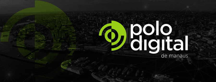 Logotipo do Polo Digital de Manaus sobreposta a uma imagem aérea noturna da cidade de Manaus.