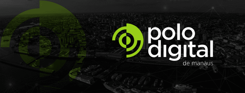 Logotipo do Polo Digital de Manaus sobreposta a uma imagem aérea noturna da cidade de Manaus.