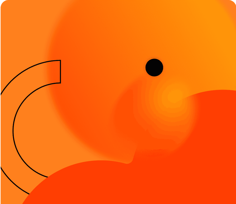 Ilustração abstrata em tons de laranja com formas arredondadas e um ponto preto central. À esquerda, há linhas curvas pretas delineando um arco incompleto. A composição tem um efeito de gradiente e profundidade.