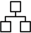 Ícone de organograma com três caixas conectadas a uma caixa superior, representando uma estrutura hierárquica.