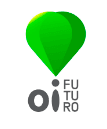 Logo da empresa "OI" escrito "oi FUTUTO", com um balão em verde em cima do pingo do "I".