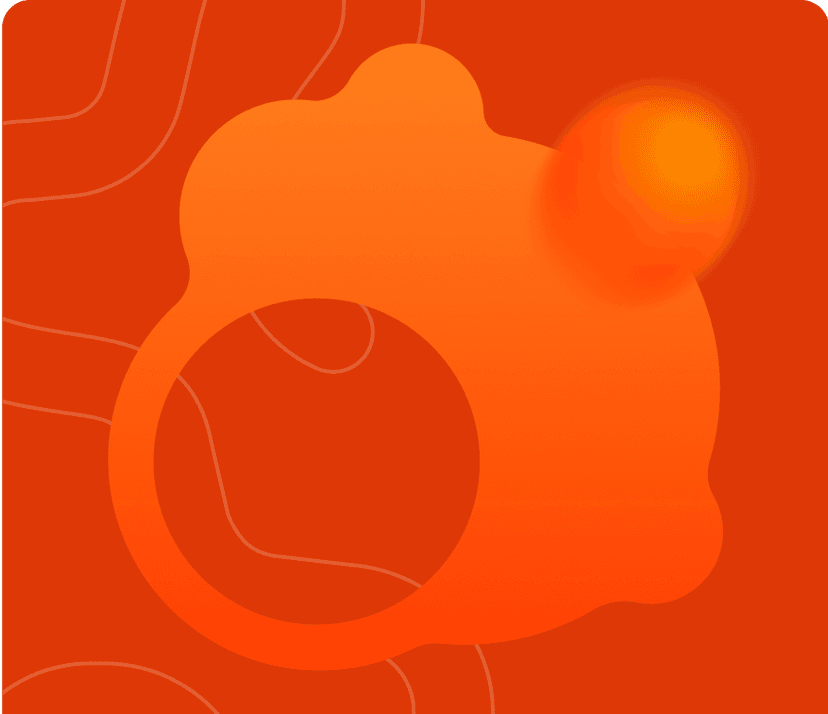 Ilustração abstrata em tons de laranja e vermelho, com forma central orgânica que lembra uma engrenagem ou animal estilizado, contendo um grande círculo oco no centro. Ao fundo, linhas sinuosas finas percorrem o plano com padrão topográfico. No canto superior direito, uma esfera difusa em amarelo e laranja cria efeito de luz.