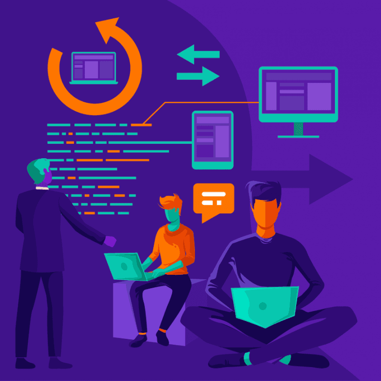 Ilustração estilizada e vibrante com fundo roxo, mostrando três figuras a trabalhar em portáteis. Estão rodeadas por ícones como linhas de código, ecrãs (portátil, tablet, monitor), uma seta circular, setas bidirecionais e um balão de fala, sugerindo um tema de tecnologia ou desenvolvimento de software.