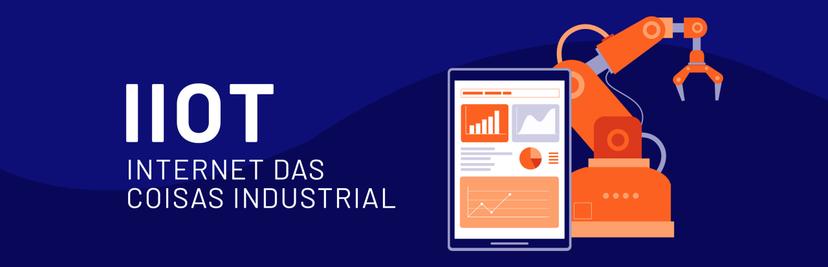 Ilustração de um braço robótico laranja próximo a um smartphone com gráficos, representando a Internet das Coisas Industrial (IIoT).