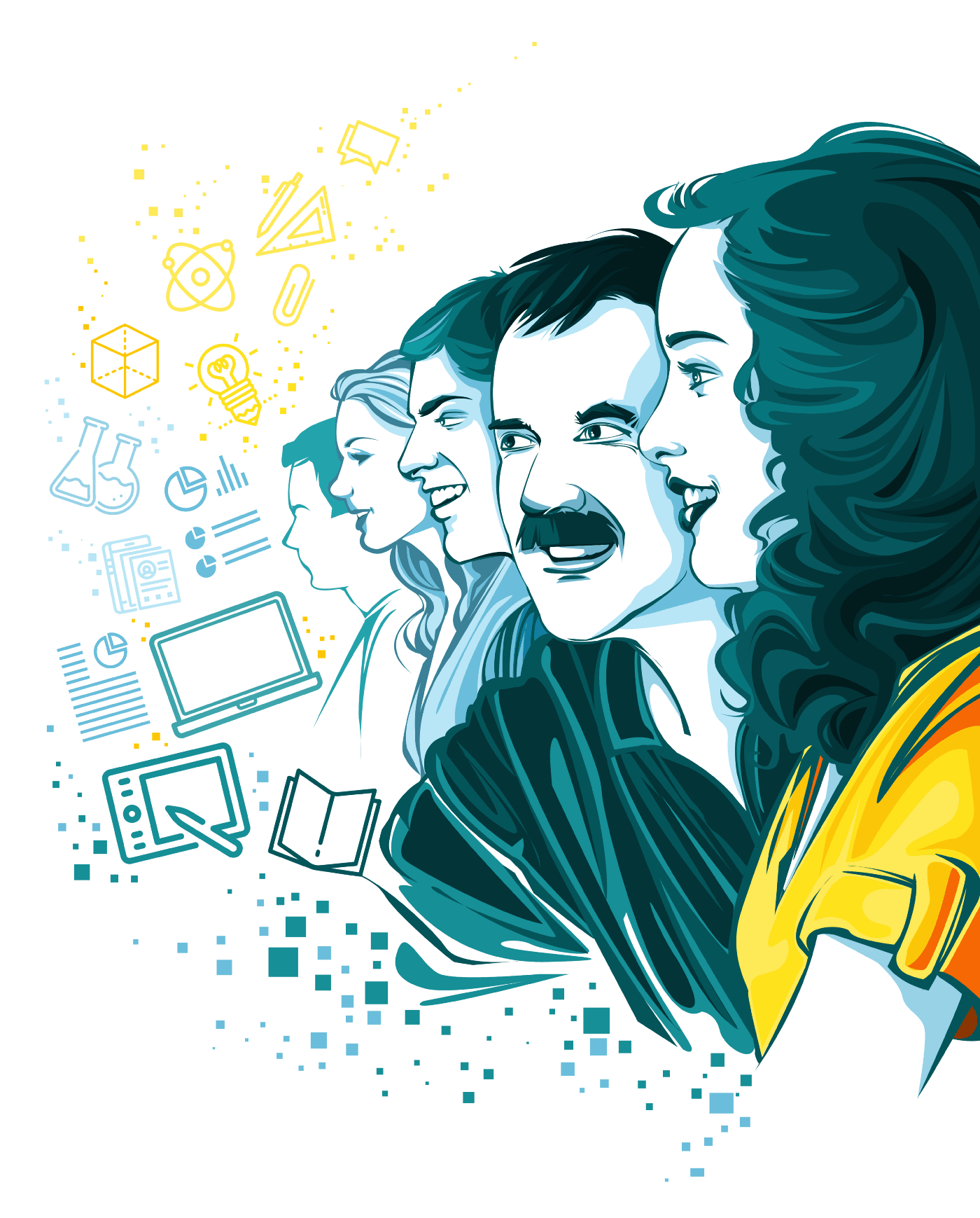 Ilustração estilizada de perfis de pessoas sorrindo, rodeados por ícones de educação e tecnologia.  Cores em tons de azul e amarelo sobre fundo preto.