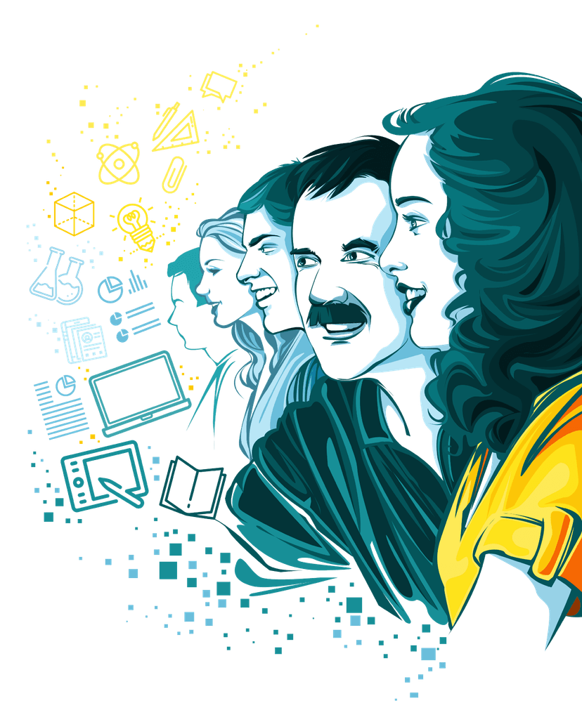 Ilustração estilizada de perfis de pessoas sorrindo, rodeados por ícones de educação e tecnologia.  Cores em tons de azul e amarelo sobre fundo preto.