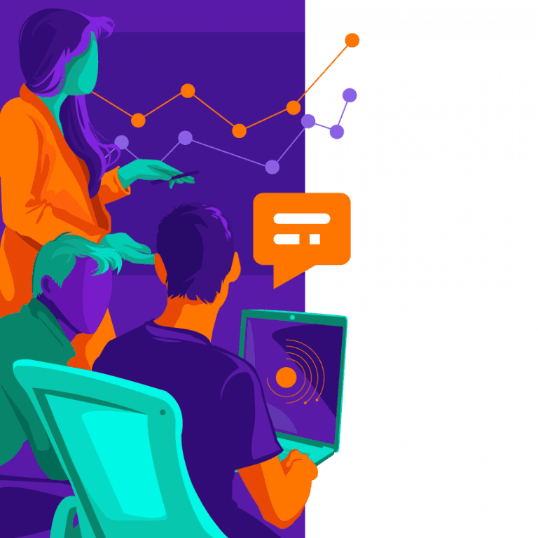 Ilustração de um time colaborando em um projeto, analisando gráficos de desempenho e discutindo em um laptop.