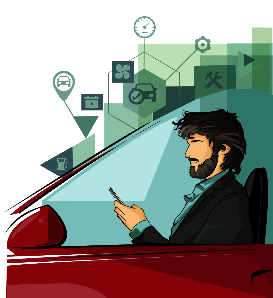 Ilustração de um homem barbudo usando um celular em seu carro vermelho, com ícones sobrepostos representando manutenção, combustível, localização e outras informações do veículo.