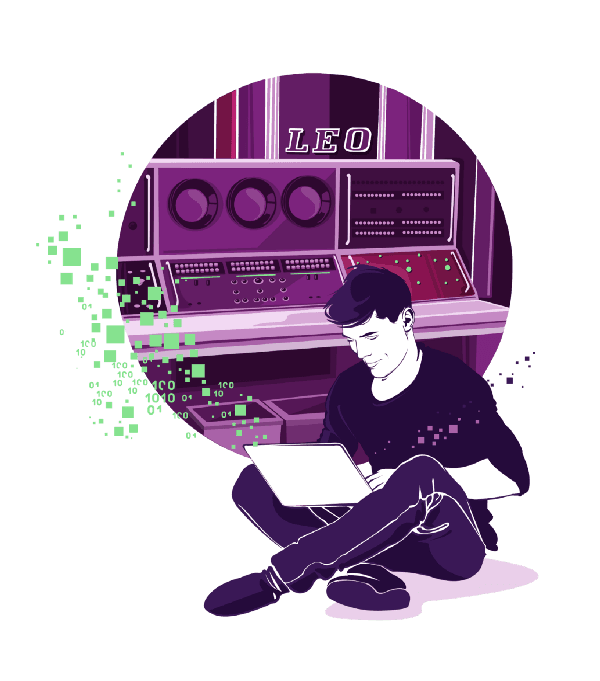 Ilustração de um homem usando um laptop em frente a um computador vintage rotulado como "LEO", com dados binários flutuando ao redor.