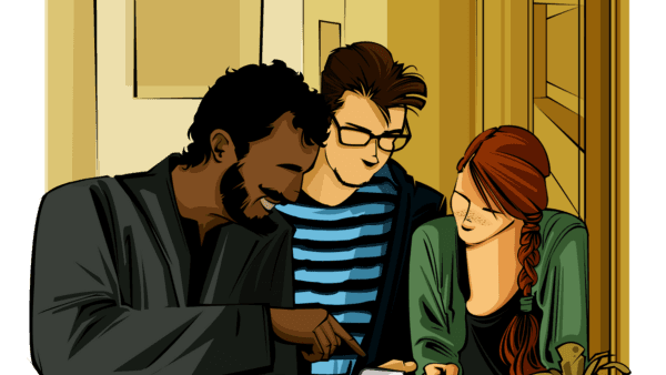 Três jovens, um homem negro de barba e dois caucasianos, um homem e uma mulher, inclinam-se sobre algo, sorrindo e interagindo. A ilustração tem um estilo de desenho animado.