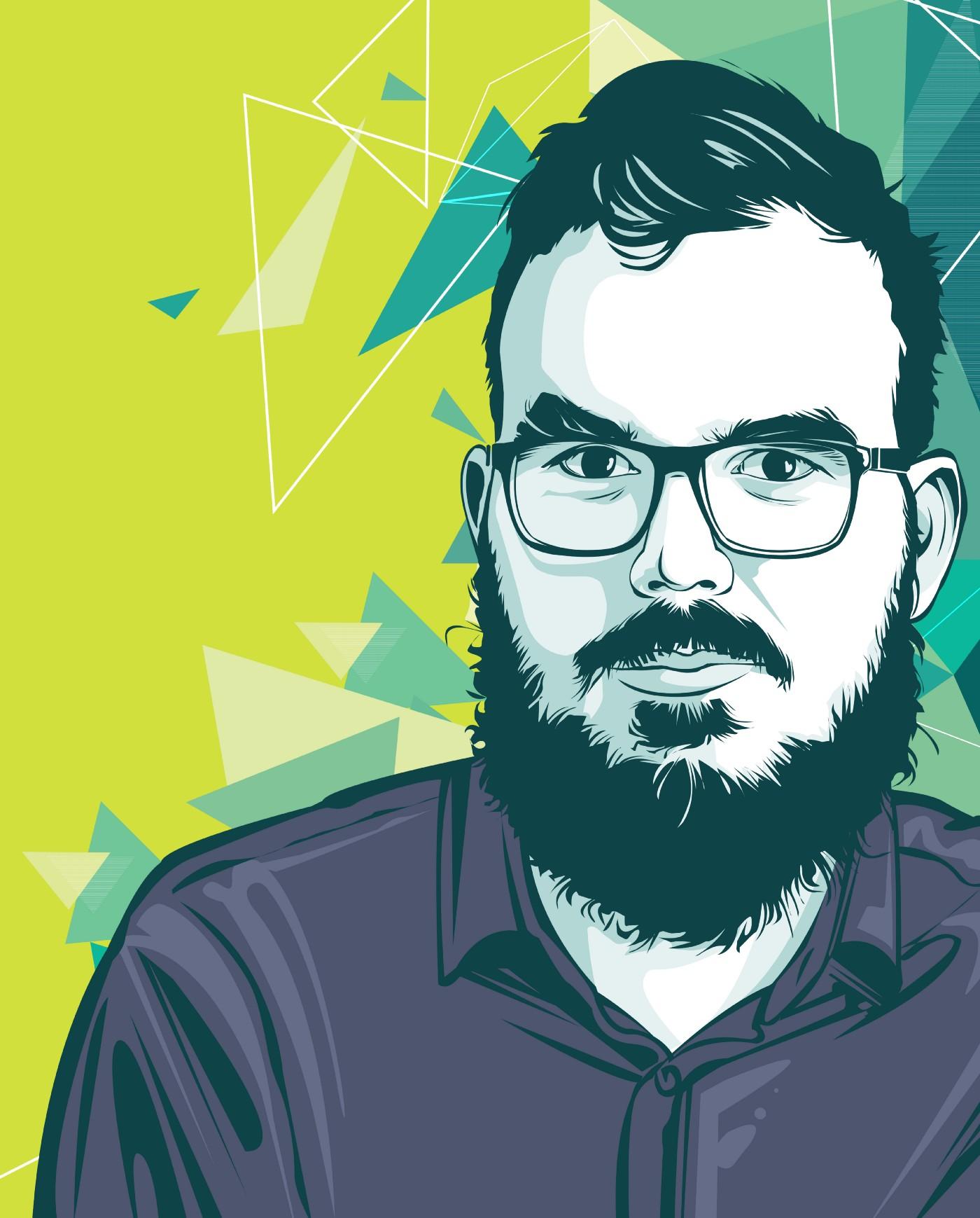 Ilustração estilo vetor de um homem barbudo usando óculos, com fundo abstrato de formas geométricas em tons de verde.
