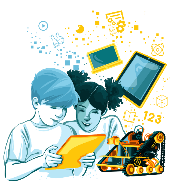 Duas crianças usando um tablet rodeadas por ícones de tecnologia, robótica e educação.  Um robô está na base da imagem.
