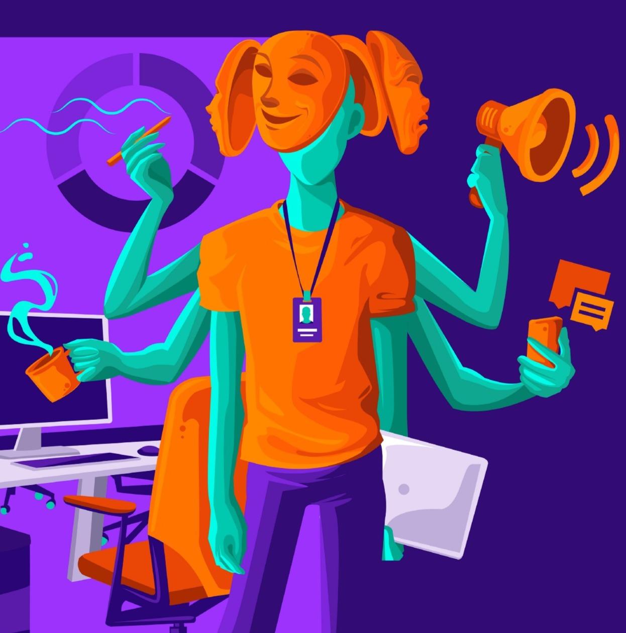 Ilustração de pessoa com múltiplos braços realizando diversas tarefas de escritório simultaneamente, incluindo escrever, falar ao telefone, usar um computador, e tomar café.