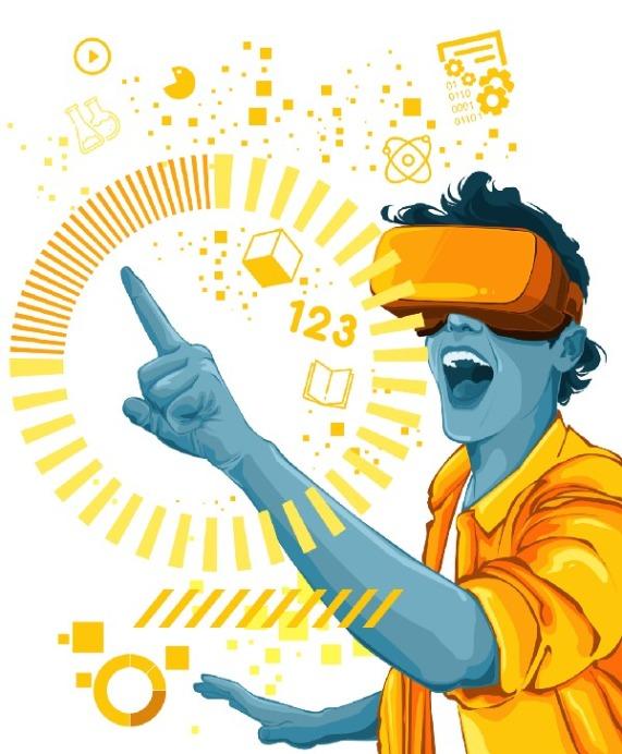 Ilustração de uma pessoa usando óculos de realidade virtual e interagindo com um interface digital circular, que exibe ícones relacionados a tecnologia, educação e ciência.