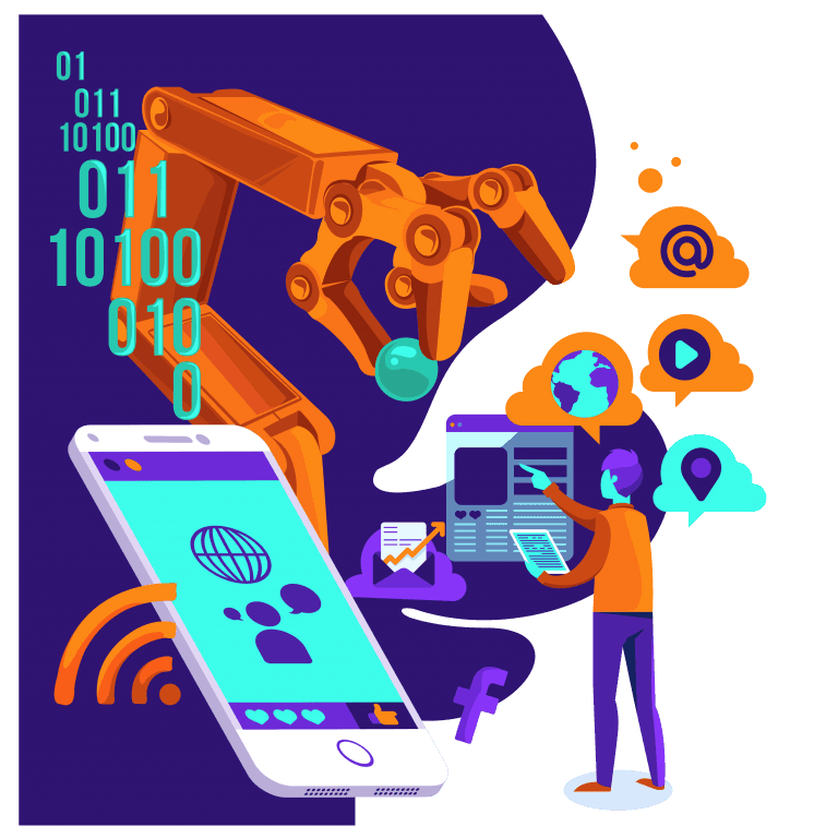 Braço robótico interagindo com smartphone e ícones de mídia social; um homem interage com um computador, mostrando a automação em marketing digital e gestão de mídias sociais.