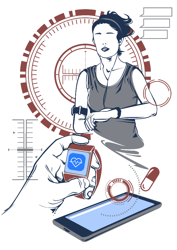 Ilustração de uma mulher correndo, usando um rastreador de fitness e fones de ouvido, com elementos gráficos tecnológicos ao redor, incluindo um smartwatch e um smartphone.