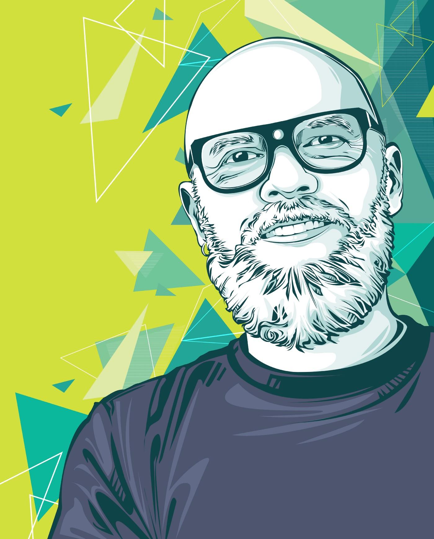 Retrato estilizado de um homem careca com barba e óculos, usando uma camiseta escura, sobre fundo abstrato com formas geométricas em tons de verde e amarelo.