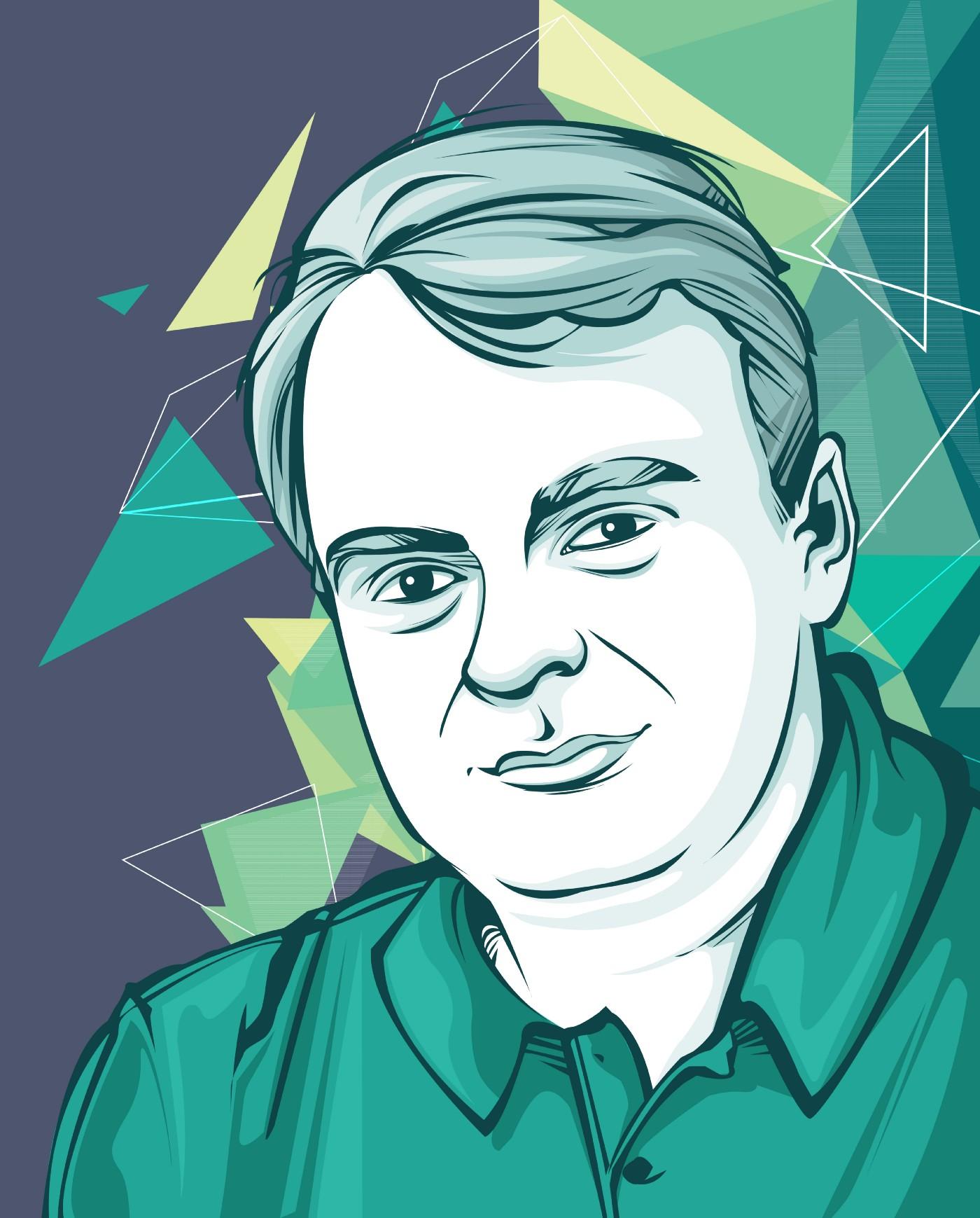 Ilustração estilizada de um homem de meia idade com cabelo curto e grisalho, vestindo uma camisa polo verde, sobre um fundo de formas geométricas abstratas.