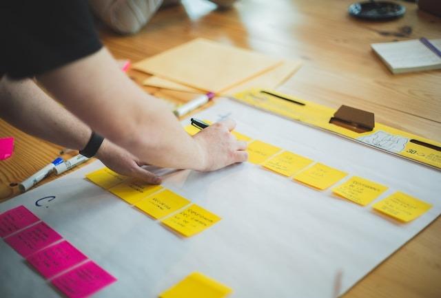 Uma pessoa organiza notas adesivas amarelas e rosas em um quadro branco, planejando um projeto. Canetas e outros materiais de escritório estão espalhados na mesa de madeira.