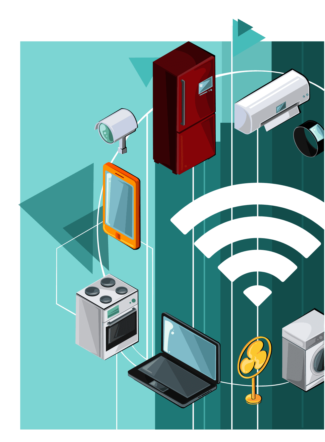 Ilustração isométrica de aparelhos domésticos inteligentes conectados via Wi-Fi, incluindo geladeira, ar condicionado, forno, laptop, tablet, ventilador, câmera de segurança e máquina de lavar.