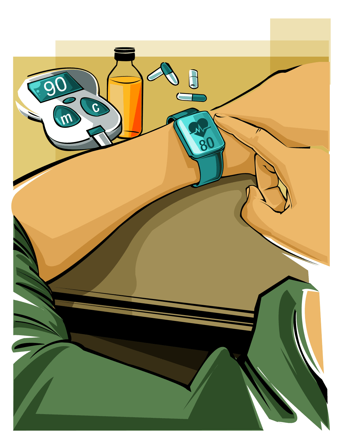 Desenho de um braço de uma pessoa com um relógio medindo a frequência cardíaca, ao lado um aparelho para medir o nível de hipoglicemia, um frasco com bebida e algumas pílulas