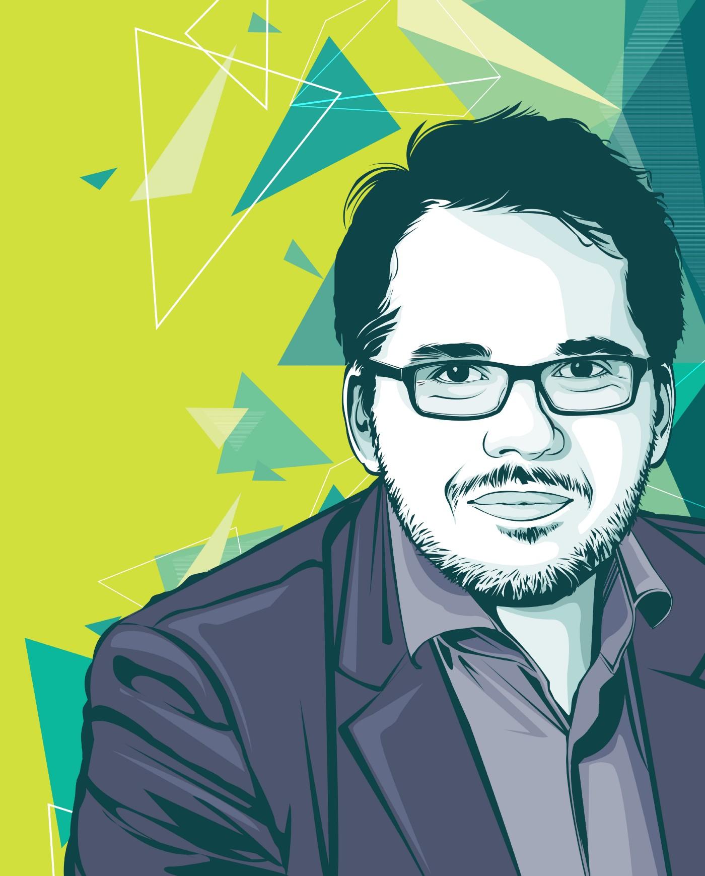 Ilustração vetorial de um homem com óculos usando um blazer, sobre um fundo de formas geométricas coloridas.