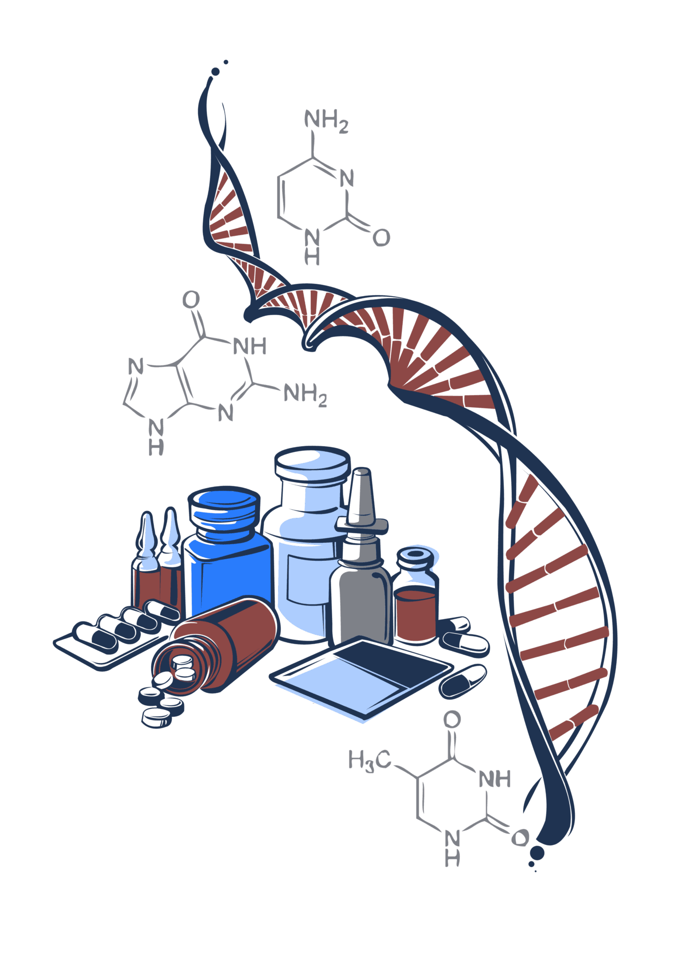 Desenho de um DNA e ao lado alguns frascos, pílulas e fórmulas químicas.