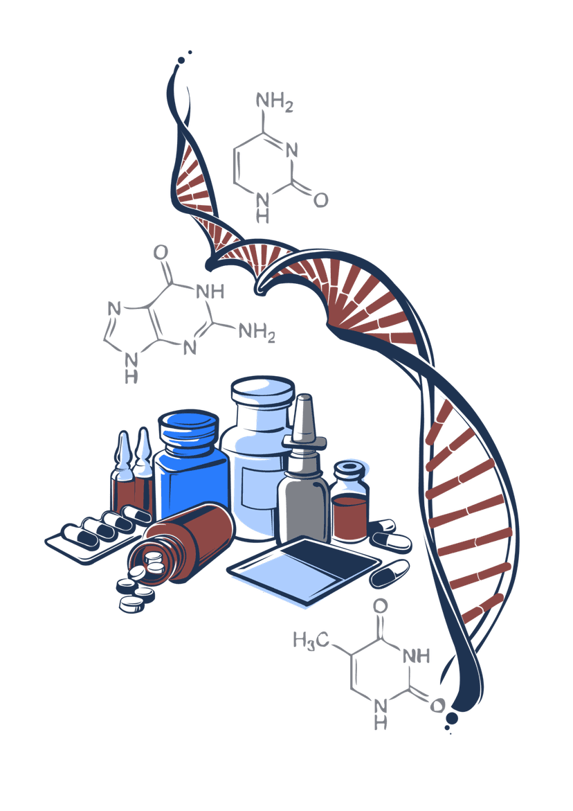 Desenho de um DNA e ao lado alguns frascos, pílulas e fórmulas químicas.
