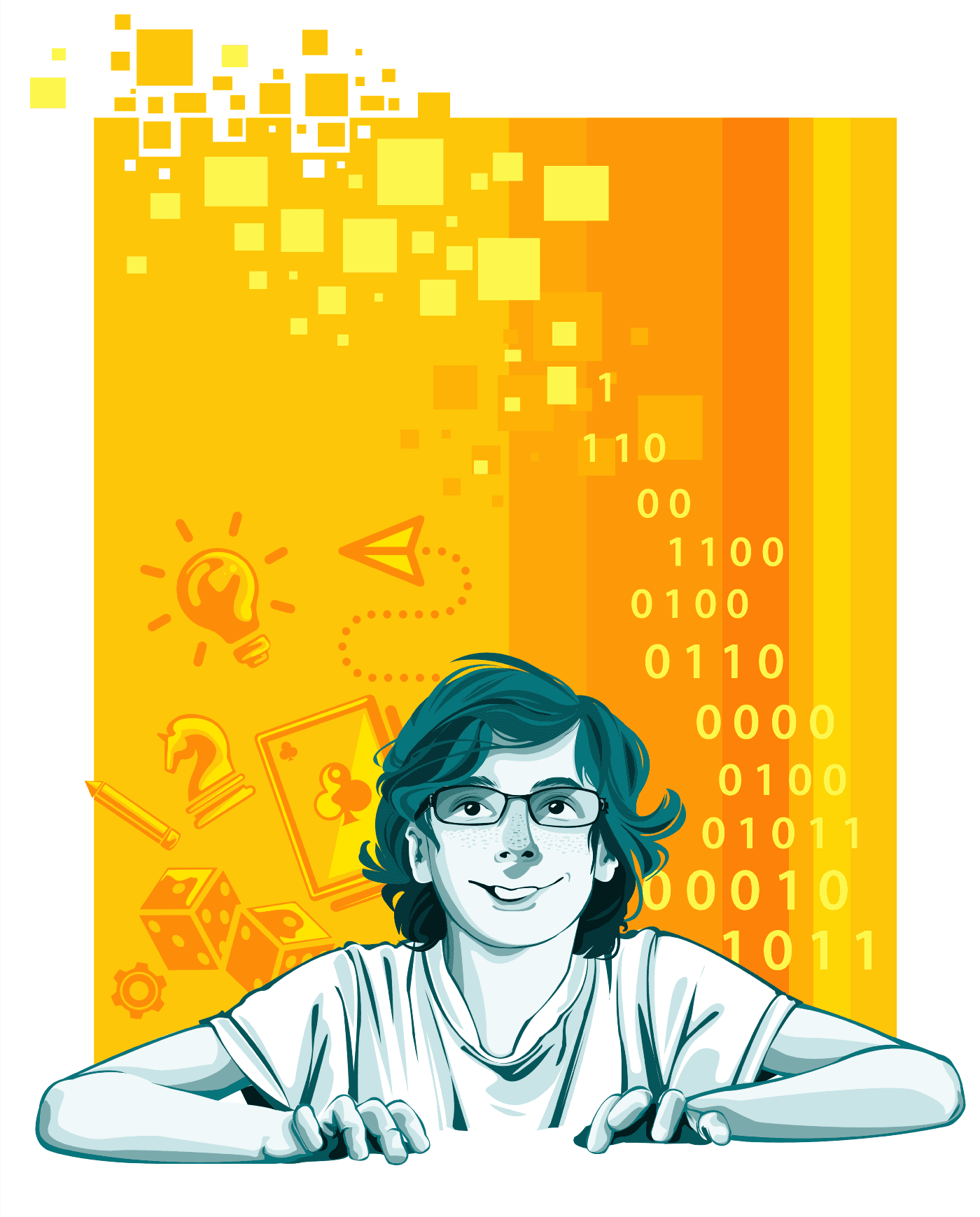 Ilustração de um jovem com óculos, sorrindo levemente, com fundo amarelo e laranja com ícones de jogos, código binário e elementos digitais.