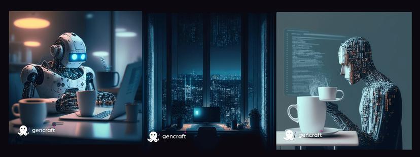 Tríptico de três imagens, cada uma com a marca d'água "gencraft" e o logótipo de um polvo.
Painel esquerdo: Um robô mecânico branco com olhos azuis brilhantes está sentado numa secretária com um portátil e duas canecas de café, aparentando trabalhar num escritório.
Painel central: Uma secretária pouco iluminada com um monitor de computador e plantas tem vista para uma vasta paisagem urbana iluminada à noite, através de uma grande janela com riscos semelhantes a chuva ou dados digitais.
Painel direito: Uma figura humanoide feita de circuitos e componentes, de perfil, segura uma chávena de café fumegante enquanto olha para um grande monitor que exibe código. Outra caneca de café está sobre a secretária.