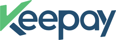 Logotipo da Keepay: "Keepay" em azul-escuro, com um ícone de marca de seleção verde-claro à esquerda.
