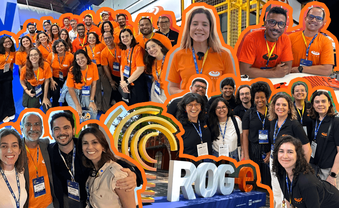 Diversas fotos de um grande grupo de pessoas vestindo camisetas laranja, participando de um evento. Inclui fotos de grupo e retratos individuais, além de uma escultura com a inscrição "ROG e".