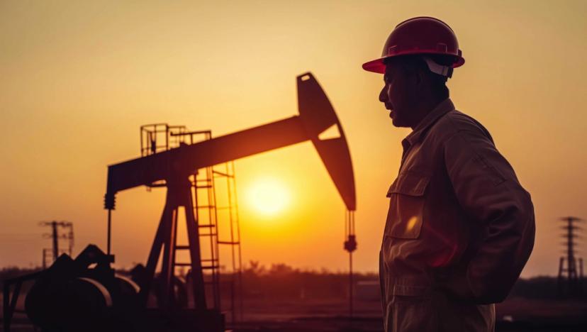 Homem com capacete em planta de extração de petróleo