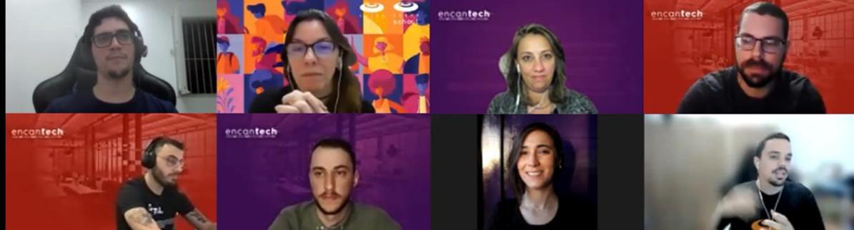 Vídeo conferência Encantech: equipe de professores e palestrantes em webinar online de ensino tecnológico.