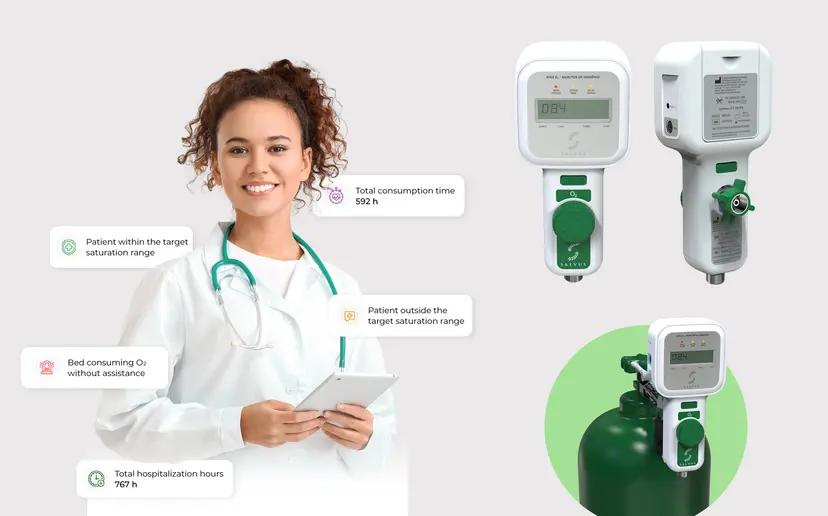 IoT para transformar o mercado da saúde Médica segura tablet ao lado de infográficos e imagens de um monitor de oxigênio inteligente acoplado a um cilindro.