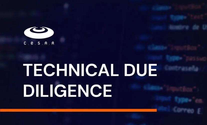 Technical due diligence – metodologia analisa o nível de maturidade de startups Logotipo branco do CESAR posicionado acima do texto em caixa alta "TECHNICAL DUE DILIGENCE" sobre uma imagem de fundo azul-escura com códigos de programação desfocados