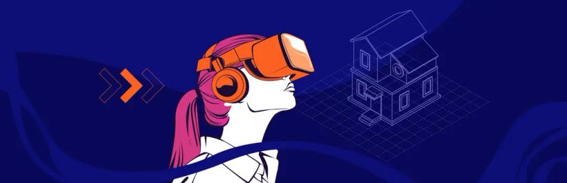 Explorando o metaverso com tecnologias que moldam o futuro digital Ilustração em vetor com fundo azul escuro mostrando uma mulher com cabelo rosa de perfil, usando óculos de realidade virtual e fones de ouvido laranjas, olhando em direção à maquete digital tridimensional de uma casa