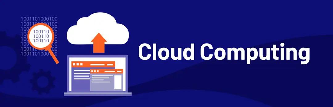 Cloud computing – tecnologias da Indústria 4.0 e a computação em nuvem Ilustração com fundo azul escuro exibindo um laptop aberto com telas de sistema de onde sai uma seta laranja apontando para uma nuvem branca, ao lado de códigos binários analisados por uma lupa e do texto "Cloud Computing" escrito em letras garrafais brancas à direita