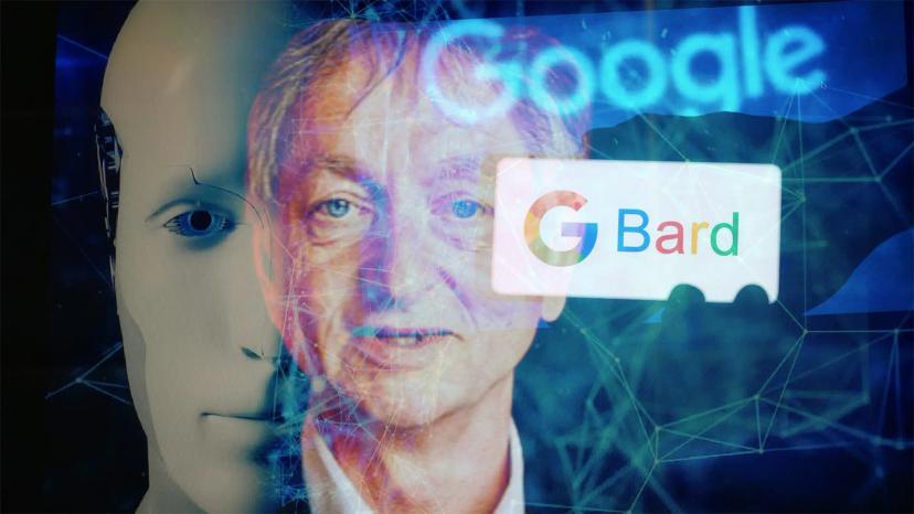 IA generativa – desafios e promessas para o futuro da tecnologia Sobreposição de rosto humano, face de robô humanoide e logos do Google e Bard sob rede de conexões neurais digitais.