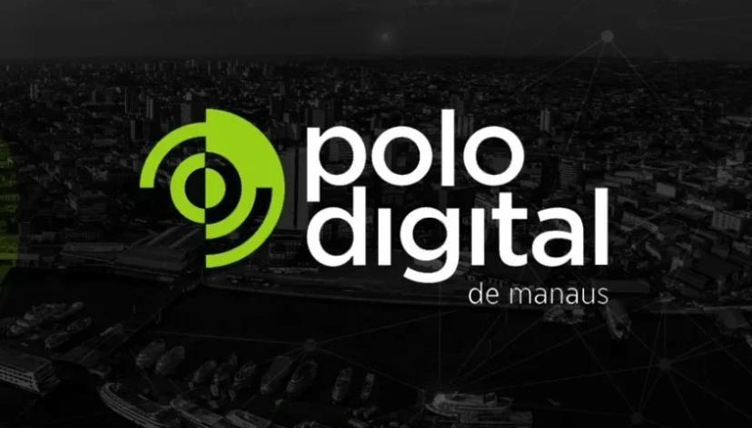 Polo Digital de Manaus – Educação Corporativa com LG e CESAR Logotipo verde e branco do Polo Digital de Manaus sobreposto a uma vista aérea noturna da cidade e zona portuária