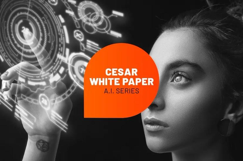 Design e Inteligência Artificial – o poder da inovação estratégica Rosto de mulher em preto e branco interagindo com interface digital holográfica. Destaque central para selo laranja do CESAR.