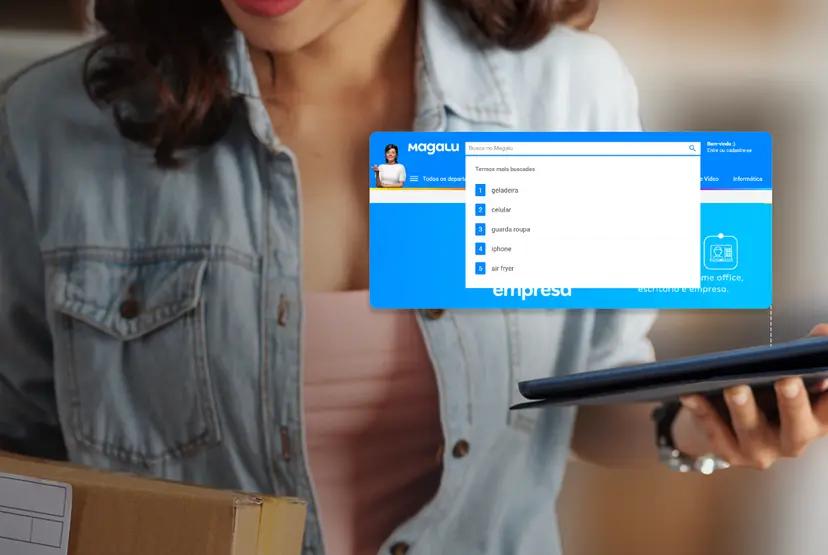 Magalu utiliza IA e Ciência de Dados para personalização Mulher segura encomenda e tablet que exibe interface de busca inteligente do Magalu com termos sugeridos por IA.