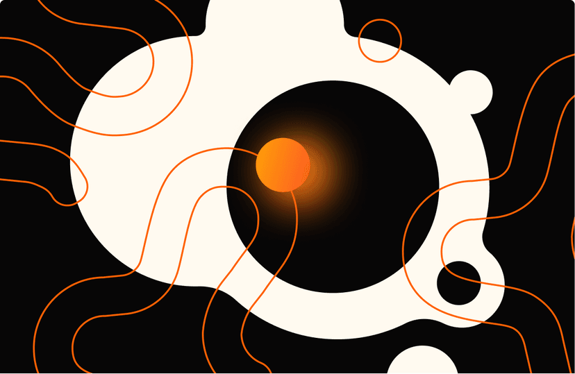 Acreditamos em Parcerias e na Cocriação Ilustração abstrata com fundo preto e formas orgânicas brancas, semelhantes a células, com um círculo central preto e um ponto laranja brilhante no centro. Linhas curvas laranjas percorrem a imagem de forma fluida.