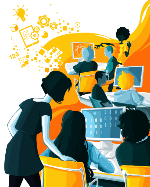 Escola-e-inovacao-educacional-no-novo-mundo-do-trabalho-1 Ilustração vibrante de um grupo de pessoas trabalhando em computadores, rodeados por ícones que representam ideias criativas e tecnologia digital.