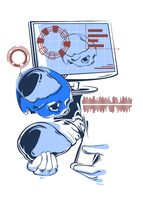 O-que-a-prototipagem-3D-tem-feito-para-Pernambuco Ilustração estilizada de um crânio azul analisado em um monitor de computador, com gráficos e um gráfico de som.
