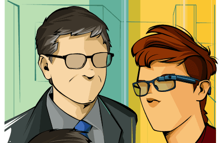 Os-gigantes-apresentam-suas-armas-1-1 Ilustração de Bill Gates ao lado de um jovem usando óculos inteligentes. Ambos estão em um cenário estilizado de escritório.