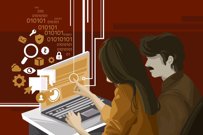 Programar-direitos.-O-privacy-by-design.-1-1 Uma mulher e um homem sentados juntos em frente a um laptop, interagindo com uma interface digital que mostra ícones de segurança e códigos binários.