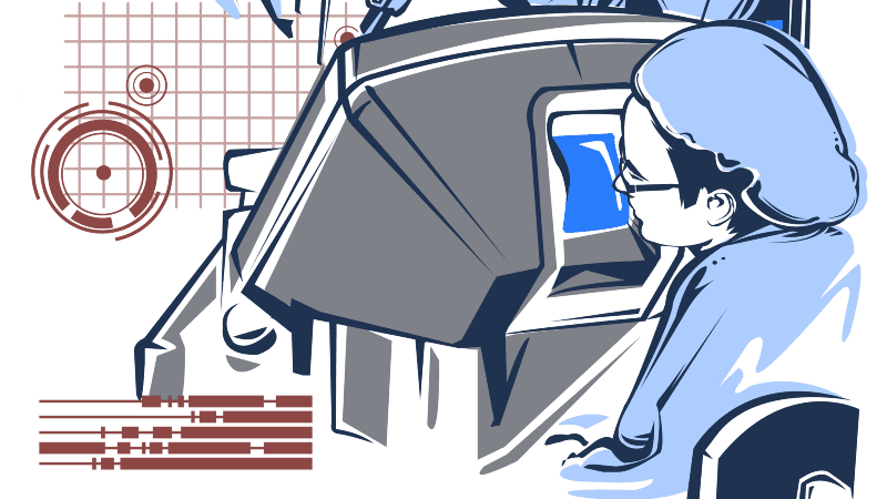 Robotica-auxiliando-a-urologia-a-tratar-o-cancer-de-prostata Ilustração estilizada de um robô ou humanoide interagindo com uma interface de tecnologia futurista, com elementos gráficos abstratos ao redor.