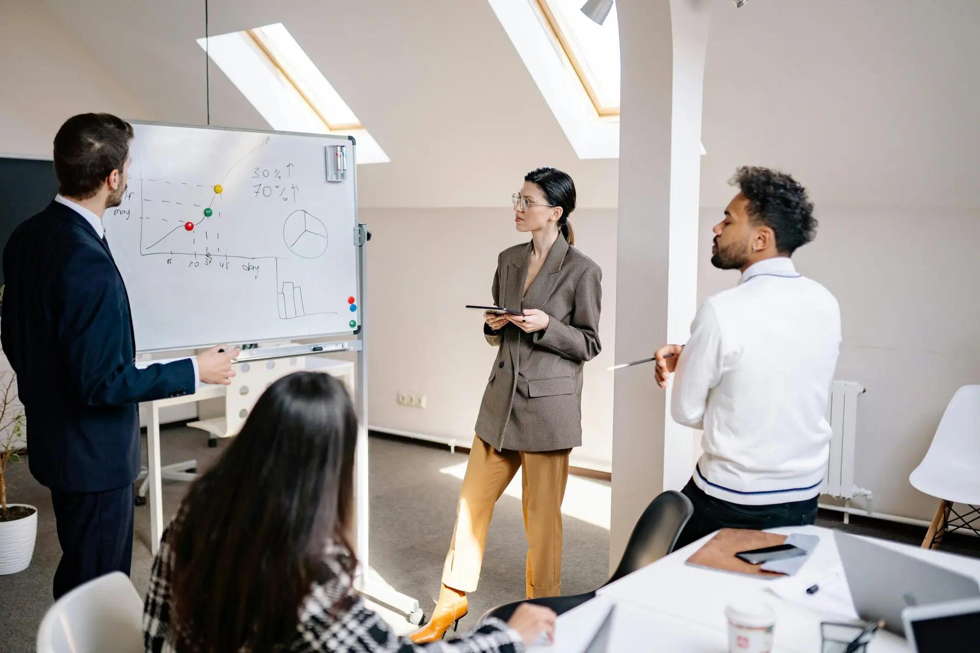 Venture Capital e estratégias de crescimento para startups Quatro pessoas em reunião de negócios; homem de terno explica gráfico de crescimento em quadro branco para equipe atenta.